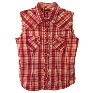 Panhandle Slim Western Orange & Pink Plaid Pearl Snap Tank Top Women's L